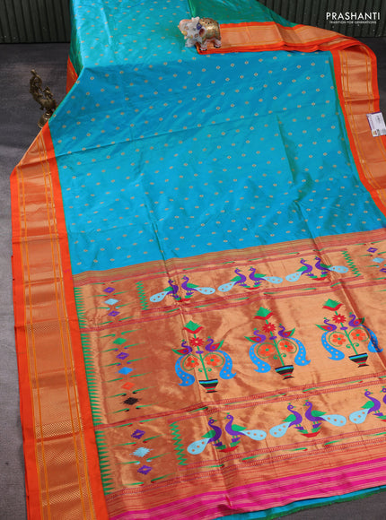 Pure paithani silk saree dual shade of teal bluish green and orange with allover zari woven buttas and paithani weaving pallu