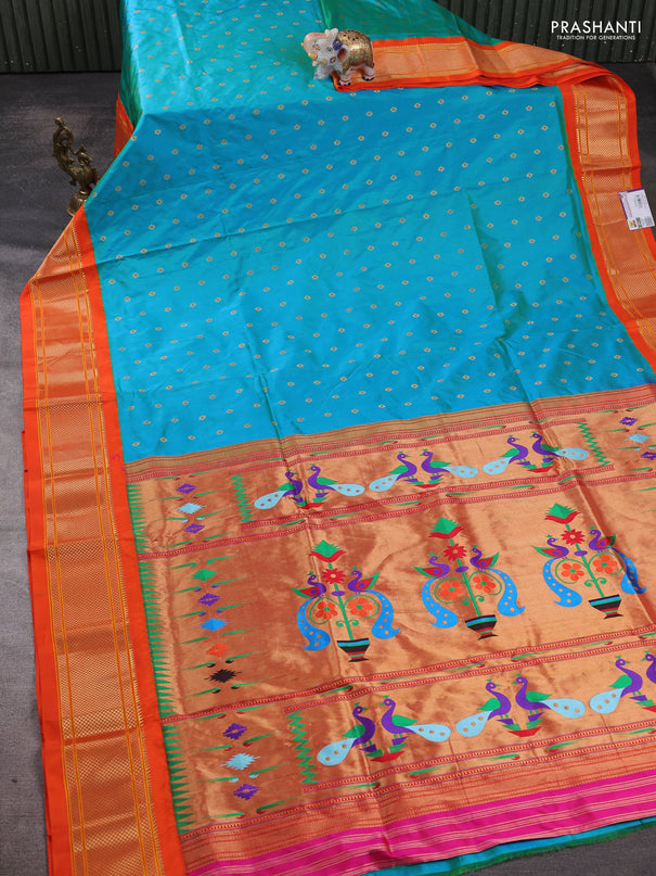Pure paithani silk saree dual shade of teal bluish green and orange with allover zari woven buttas and paithani weaving pallu