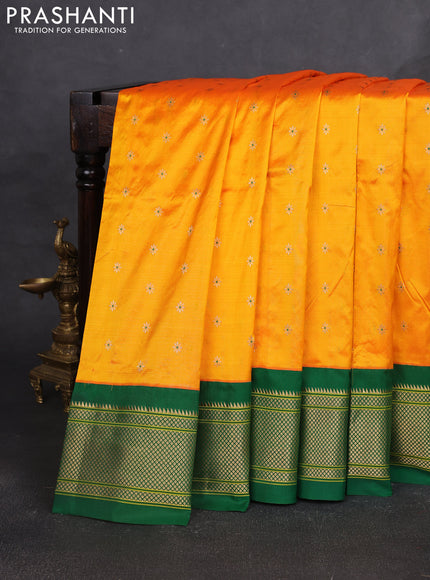 Pure paithani silk saree mango yellow and green with allover zari woven buttas and paithani weaving pallu