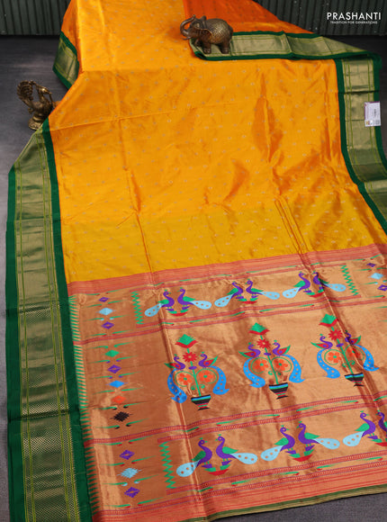 Pure paithani silk saree mango yellow and green with allover zari woven buttas and paithani weaving pallu