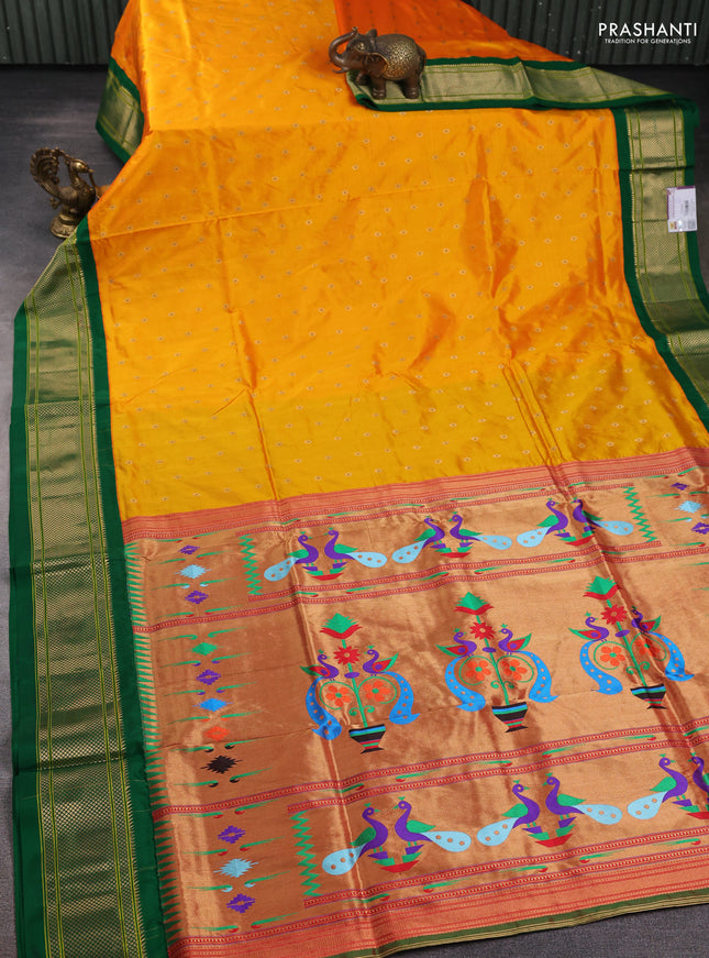 Pure paithani silk saree mango yellow and green with allover zari woven buttas and paithani weaving pallu