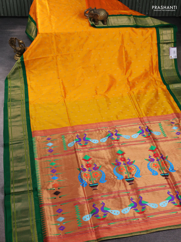 Pure paithani silk saree mango yellow and green with allover zari woven buttas and paithani weaving pallu