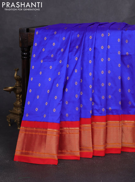 Pure paithani silk saree royal blue and red with allover zari woven buttas and paithani weaving pallu