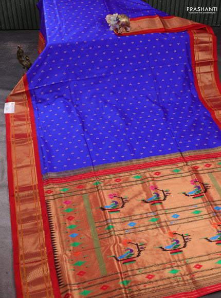 Pure paithani silk saree royal blue and red with allover zari woven buttas and paithani weaving pallu