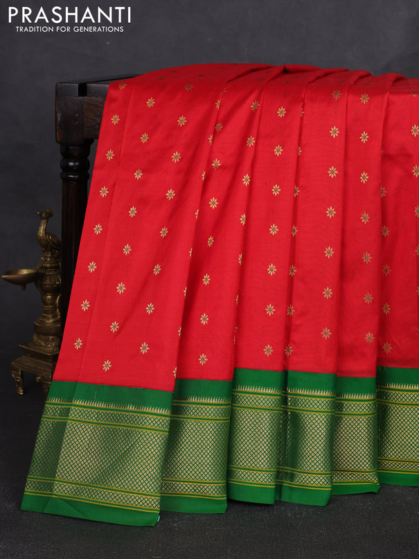 Pure paithani silk saree red and green with allover zari woven buttas and paithani weaving pallu