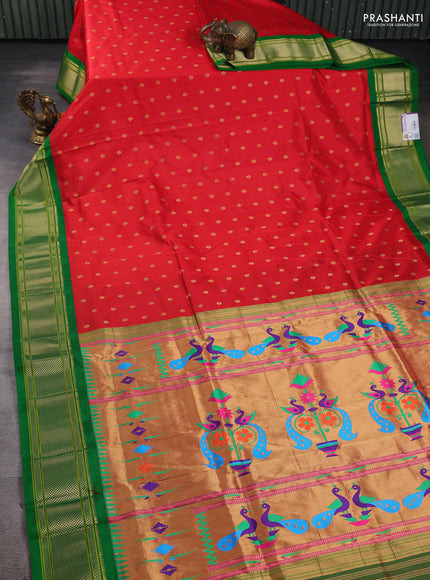 Pure paithani silk saree red and green with allover zari woven buttas and paithani weaving pallu