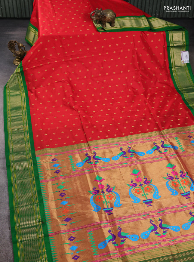 Pure paithani silk saree red and green with allover zari woven buttas and paithani weaving pallu