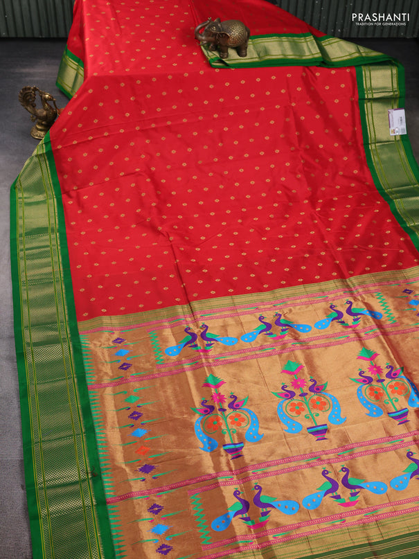 Pure paithani silk saree red and green with allover zari woven buttas and paithani weaving pallu