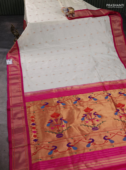 Pure paithani silk saree cream and pink with allover zari woven buttas and paithani weaving pallu
