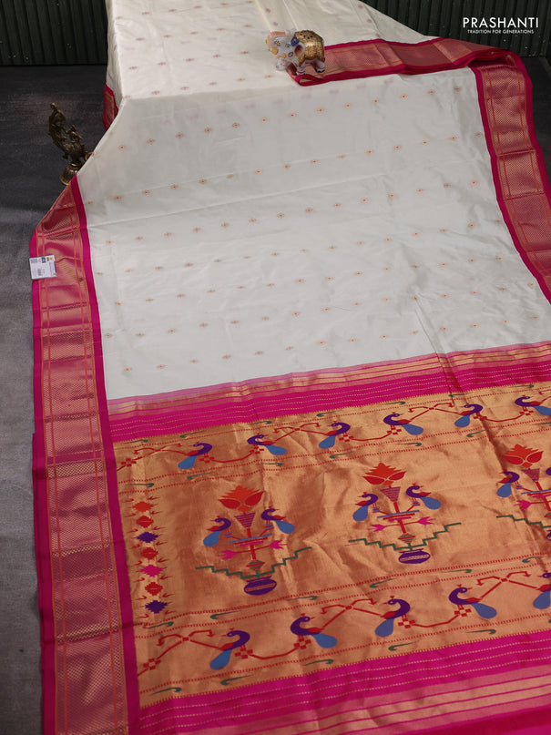 Pure paithani silk saree cream and pink with allover zari woven buttas and paithani weaving pallu