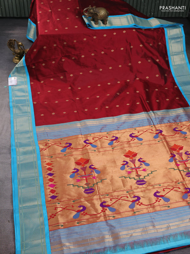 Pure paithani silk saree maroon and light blue with allover zari woven buttas and paithani weaving pallu