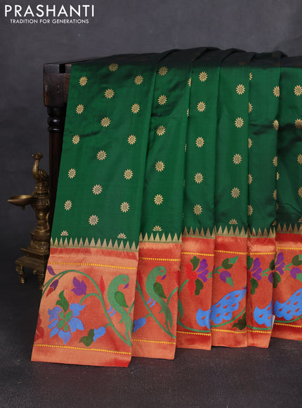Pure paithani silk saree green and red with allover zari woven buttas and paithani weaving pallu