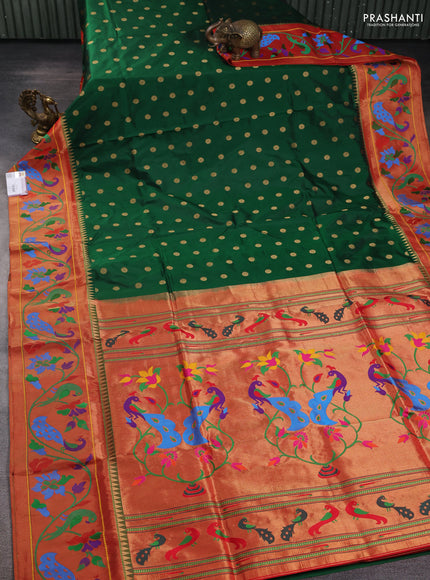 Pure paithani silk saree green and red with allover zari woven buttas and paithani weaving pallu