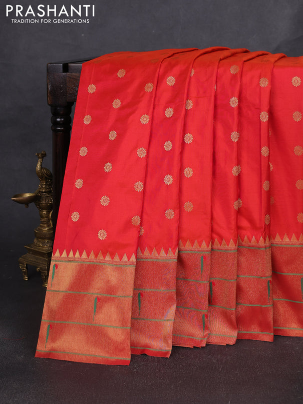Pure paithani silk saree dual shade of pinkish orange and red with allover zari woven buttas and zari woven muniya butta border