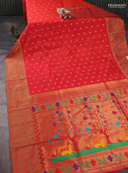 Pure paithani silk saree dual shade of pinkish orange and red with allover zari woven buttas and zari woven muniya butta border