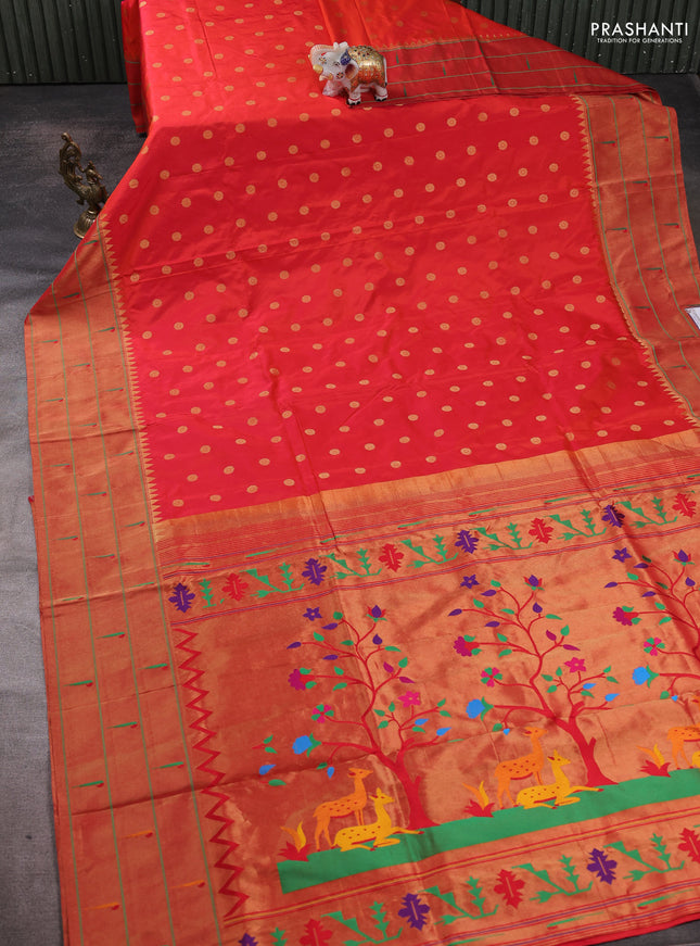 Pure paithani silk saree dual shade of pinkish orange and red with allover zari woven buttas and zari woven muniya butta border