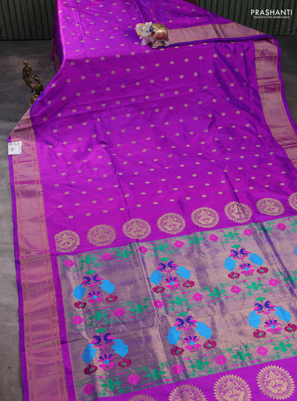 Pure paithani silk saree purple with allover zari woven floral buttas and zari woven muniya butta border
