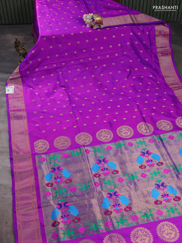 Pure paithani silk saree purple with allover zari woven floral buttas and zari woven muniya butta border