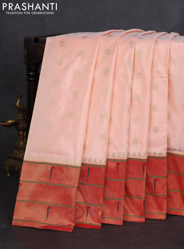 Pure paithani silk saree pale orange and red with allover zari woven floral buttas and zari woven muniya butta border