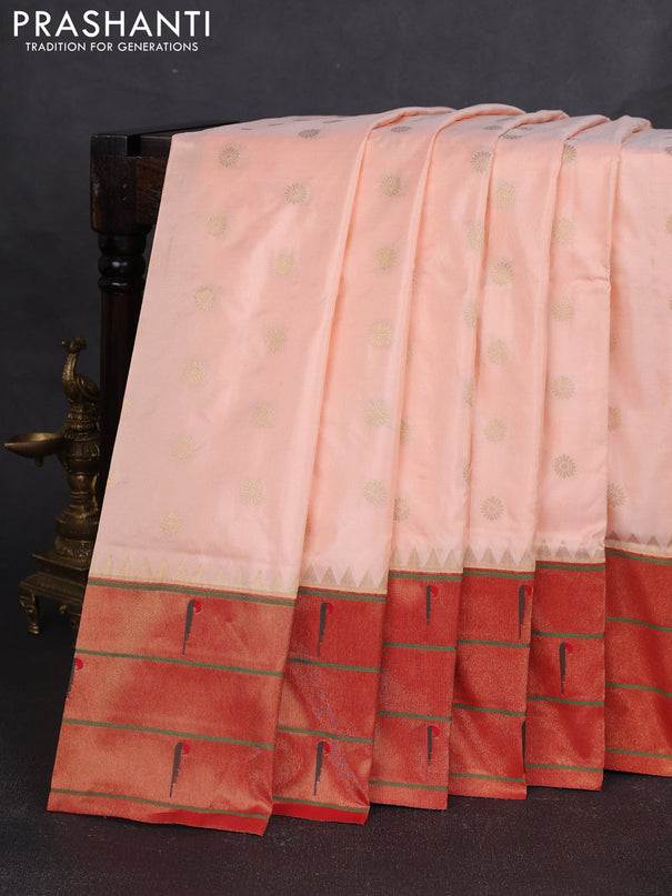 Pure paithani silk saree pale orange and red with allover zari woven floral buttas and zari woven muniya butta border