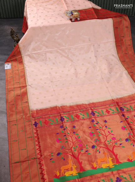 Pure paithani silk saree pale orange and red with allover zari woven floral buttas and zari woven muniya butta border