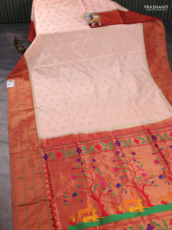 Pure paithani silk saree pale orange and red with allover zari woven floral buttas and zari woven muniya butta border