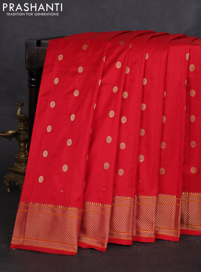 Pure paithani silk saree red with allover zari woven buttas and paithani weaving pallu