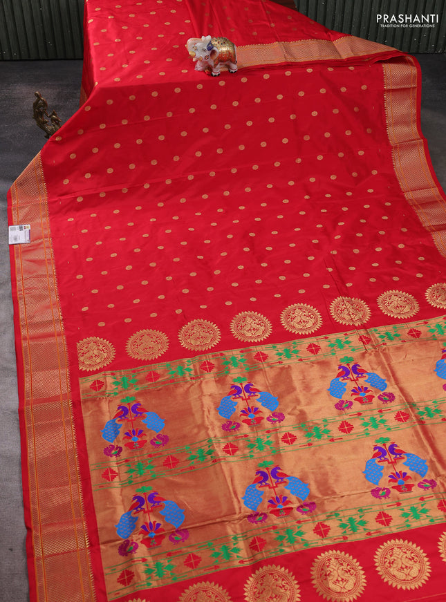 Pure paithani silk saree red with allover zari woven buttas and paithani weaving pallu