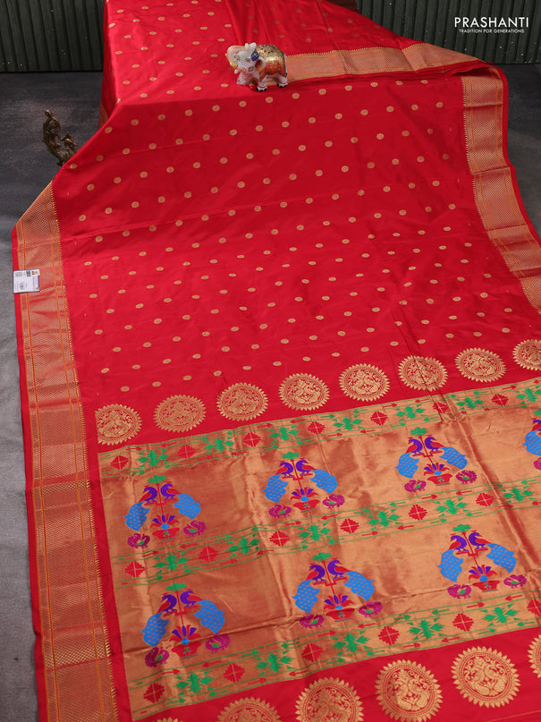 Pure paithani silk saree red with allover zari woven buttas and paithani weaving pallu