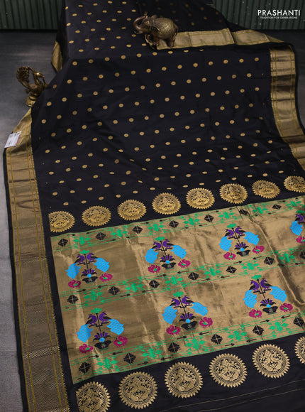 Pure paithani silk saree black with allover zari woven buttas and paithani weaving pallu