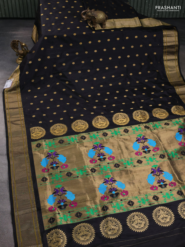 Pure paithani silk saree black with allover zari woven buttas and paithani weaving pallu