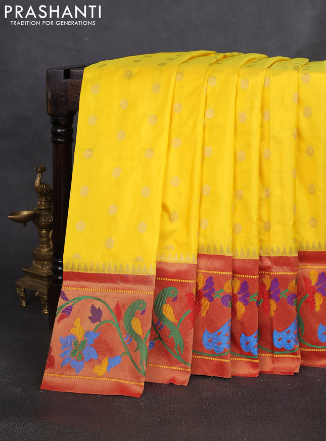 Pure paithani silk saree yellow and red with allover zari woven buttas and paithani weaving pallu