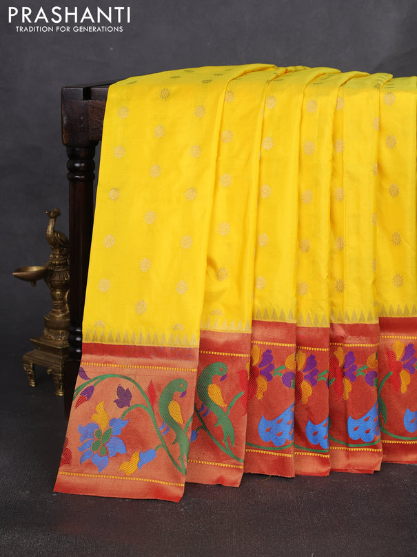 Pure paithani silk saree yellow and red with allover zari woven buttas and paithani weaving pallu