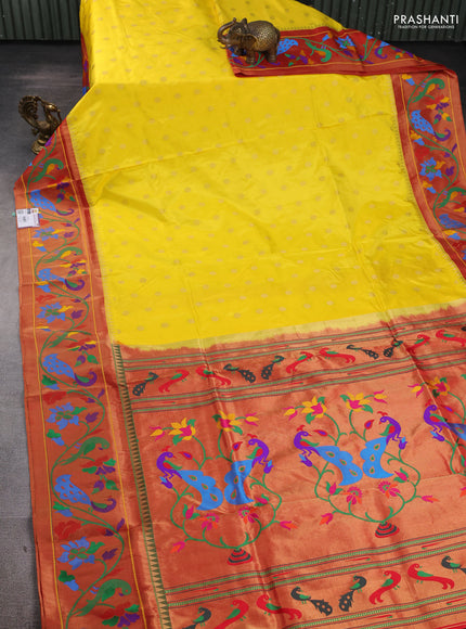 Pure paithani silk saree yellow and red with allover zari woven buttas and paithani weaving pallu