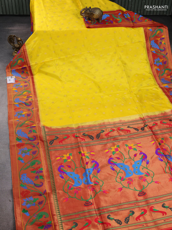 Pure paithani silk saree yellow and red with allover zari woven buttas and paithani weaving pallu