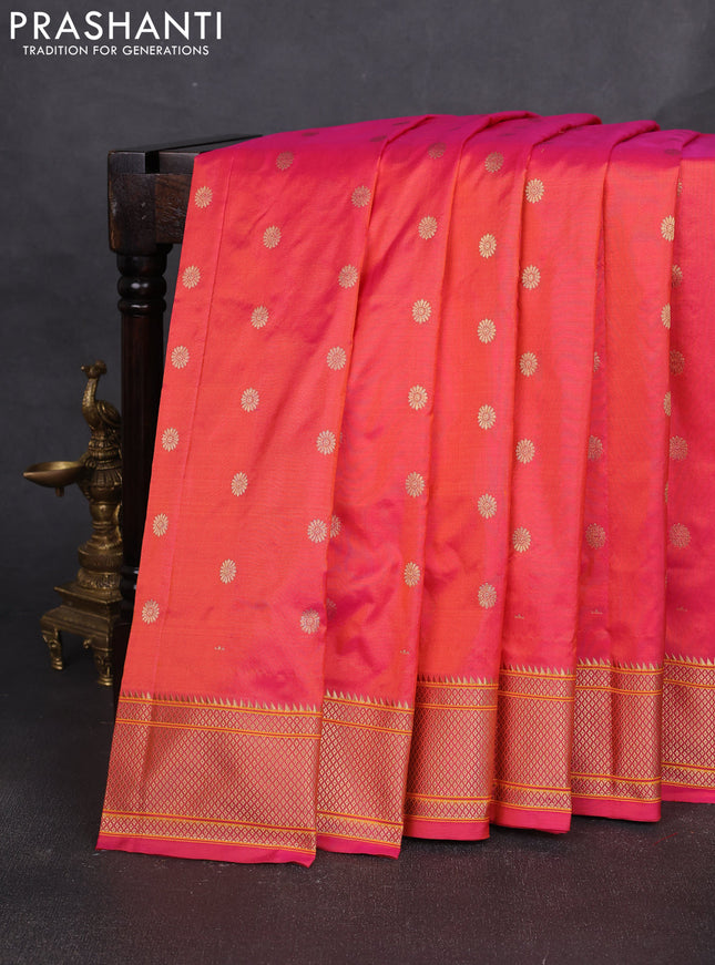 Pure paithani silk saree dual shade of pinkish orange with allover zari woven buttas and paithani weaving pallu