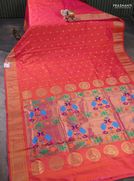 Pure paithani silk saree dual shade of pinkish orange with allover zari woven buttas and paithani weaving pallu