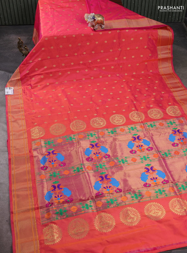 Pure paithani silk saree dual shade of pinkish orange with allover zari woven buttas and paithani weaving pallu