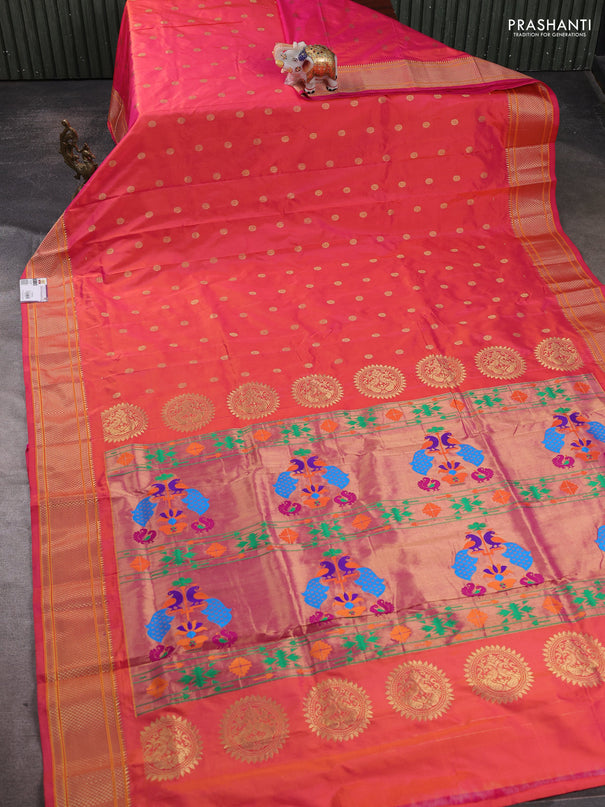 Pure paithani silk saree dual shade of pinkish orange with allover zari woven buttas and paithani weaving pallu