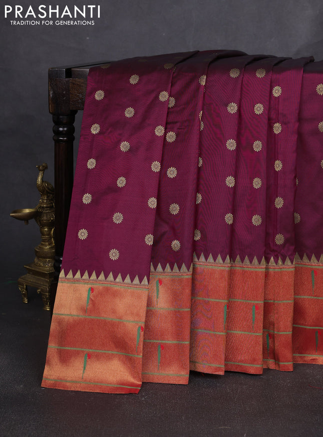 Pure paithani silk saree dark magenta pink and red with allover zari woven buttas and paithani weaving pallu