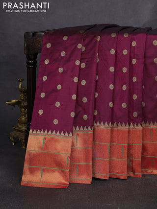 Pure paithani silk saree dark magenta pink and red with allover zari woven buttas and paithani weaving pallu