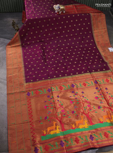 Pure paithani silk saree dark magenta pink and red with allover zari woven buttas and paithani weaving pallu