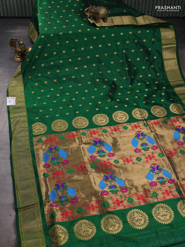 Pure paithani silk saree green with allover zari woven buttas and paithani weaving pallu