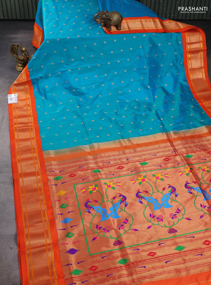 Pure paithani silk saree dual shade of teal bluish green and orange with allover zari woven buttas and paithani weaving pallu