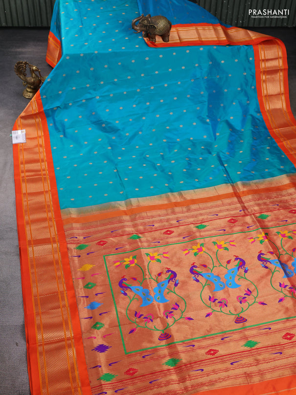 Pure paithani silk saree dual shade of teal bluish green and orange with allover zari woven buttas and paithani weaving pallu