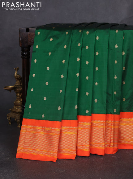 Pure paithani silk saree green and orange with allover zari woven buttas and paithani weaving pallu