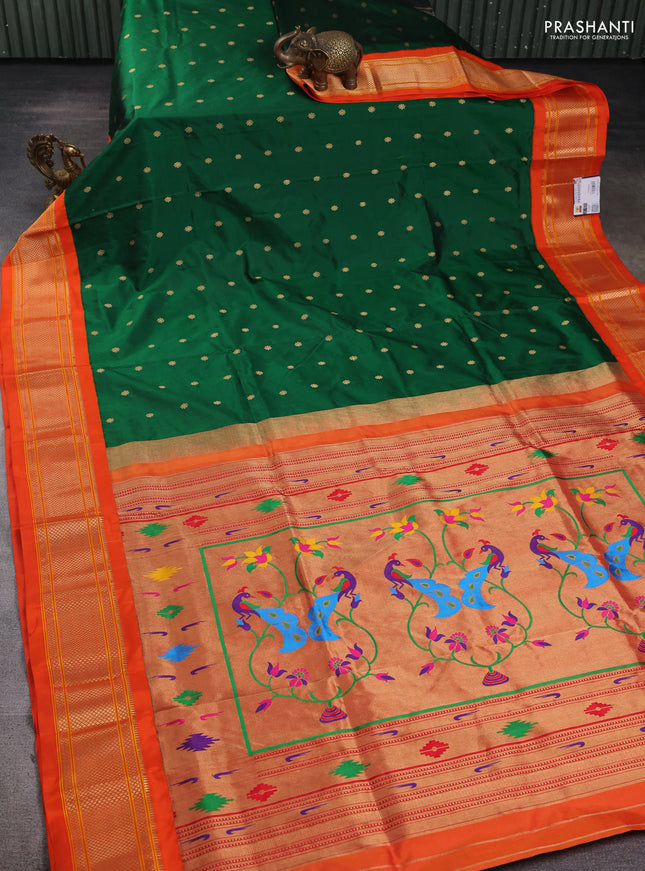 Pure paithani silk saree green and orange with allover zari woven buttas and paithani weaving pallu