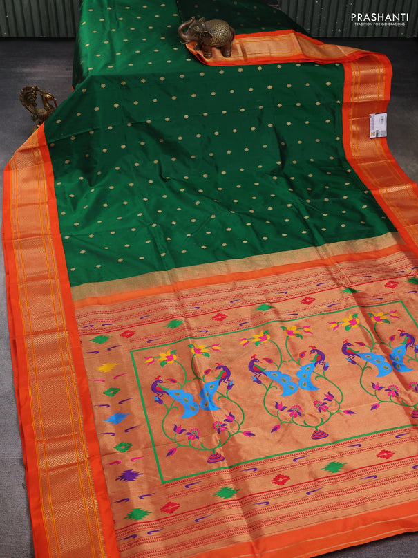 Pure paithani silk saree green and orange with allover zari woven buttas and paithani weaving pallu