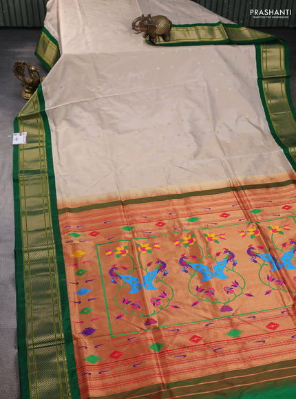 Pure paithani silk saree cream and green with allover zari woven buttas and paithani weaving pallu