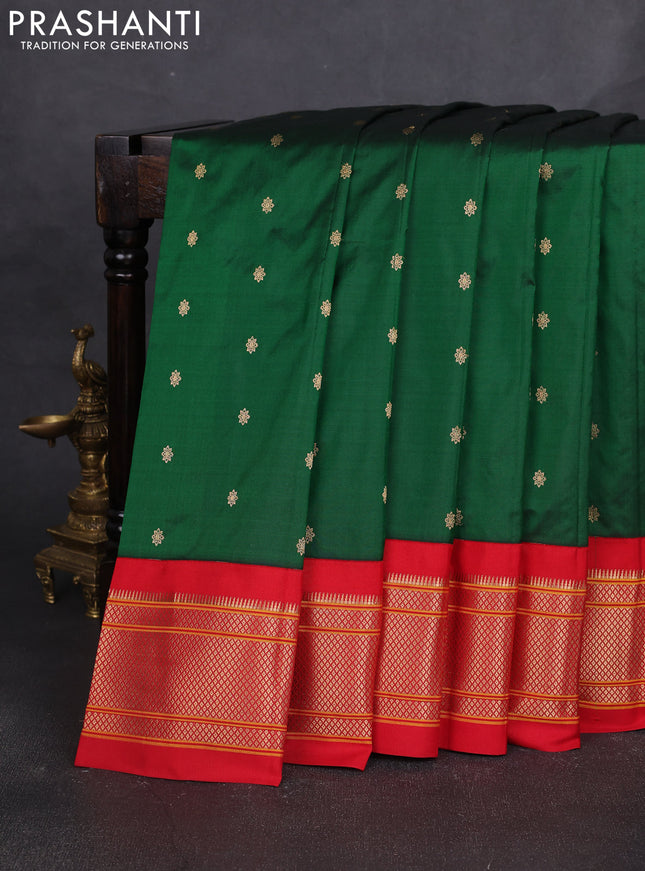 Pure paithani silk saree green and red with allover zari woven buttas and paithani weaving pallu
